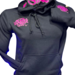 Sudadera negra con capucha y diseño gráfico rosa