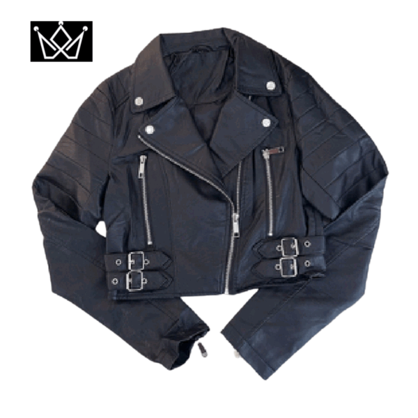 chaqueta de motociclista de cuero negra recortada y elegante para mujer