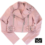 Chamarra de Cuero Sintético Rosa – Estilo Biker Cropped