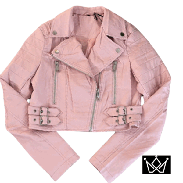 Chamarra de Cuero Sintético Rosa – Estilo Biker Cropped
